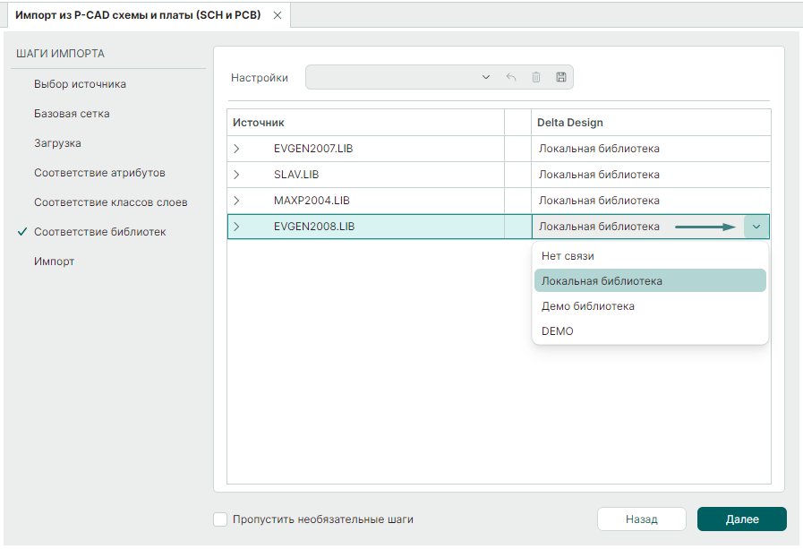 Рис. 8 Соответствие библиотек