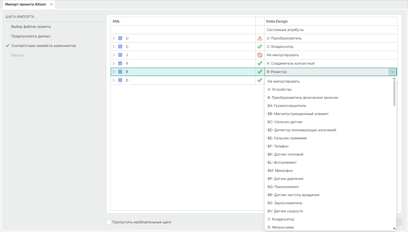 Рис. 7 Сопоставление семейств и атрибутов