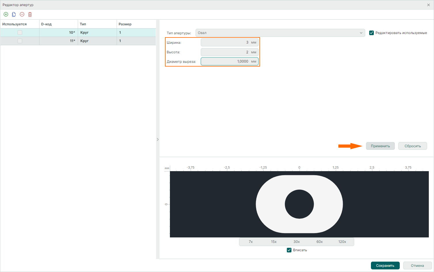 Рис. 3 Изменение параметров апертуры