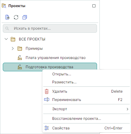 Рис. 1 Действия, доступные для проекта