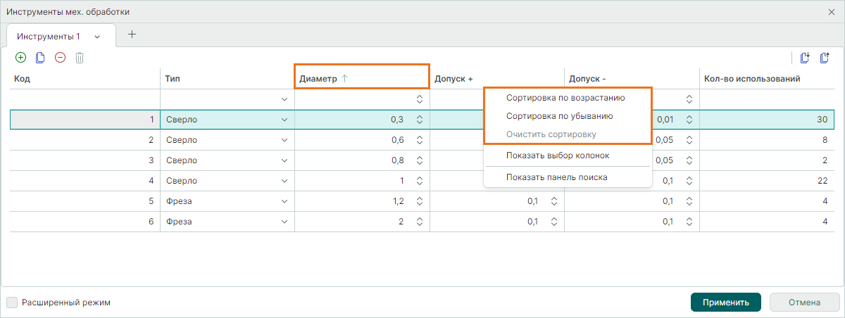 Рис. 1 Применение сортировки данных