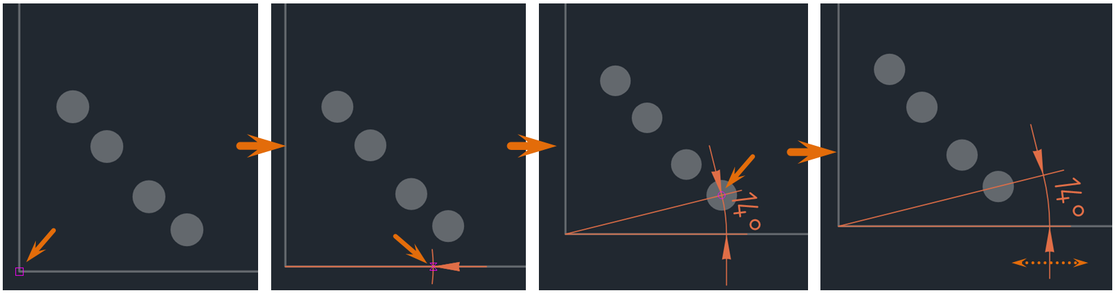 Рис. 1 Размещение угловой размерной линии от общей базы. Первый размер