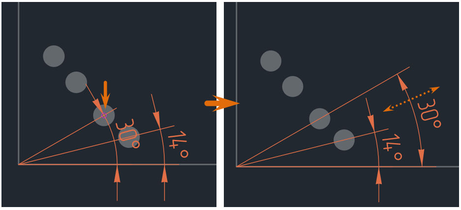Рис. 2 Размещение угловой размерной линии от общей базы. Второй размер