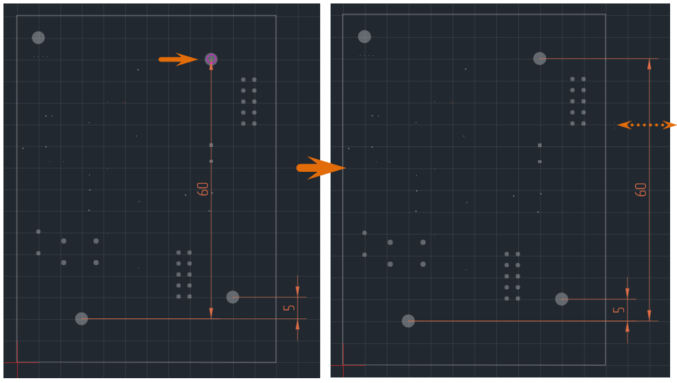 Рис. 2 Размещение вертикальной размерной линии от общей базы. Второй размер