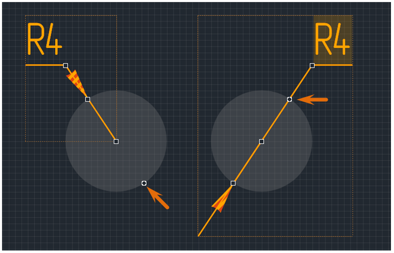 Рис. 4 Точки редактирования радиальной размерной линии