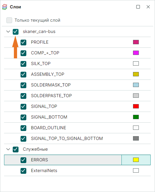 Рис. 2 Включение отображения для группы слоев