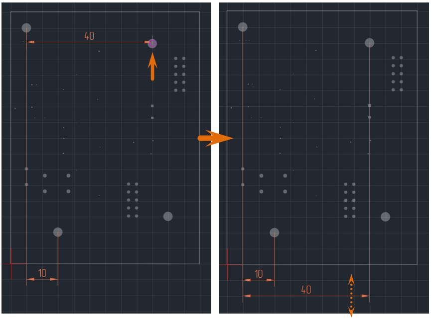 Рис. 2 Размещение горизонтальной размерной линии от общей базы. Второй размер