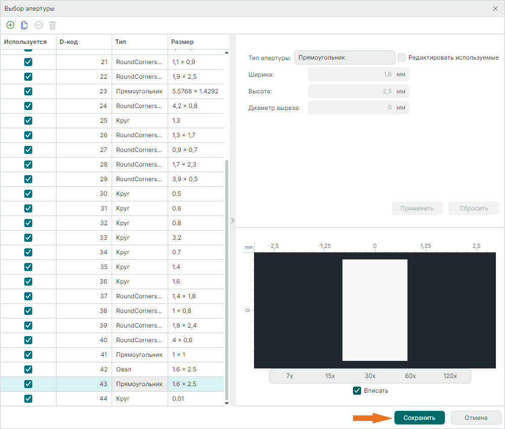 Рис. 3 Выбор апертуры
