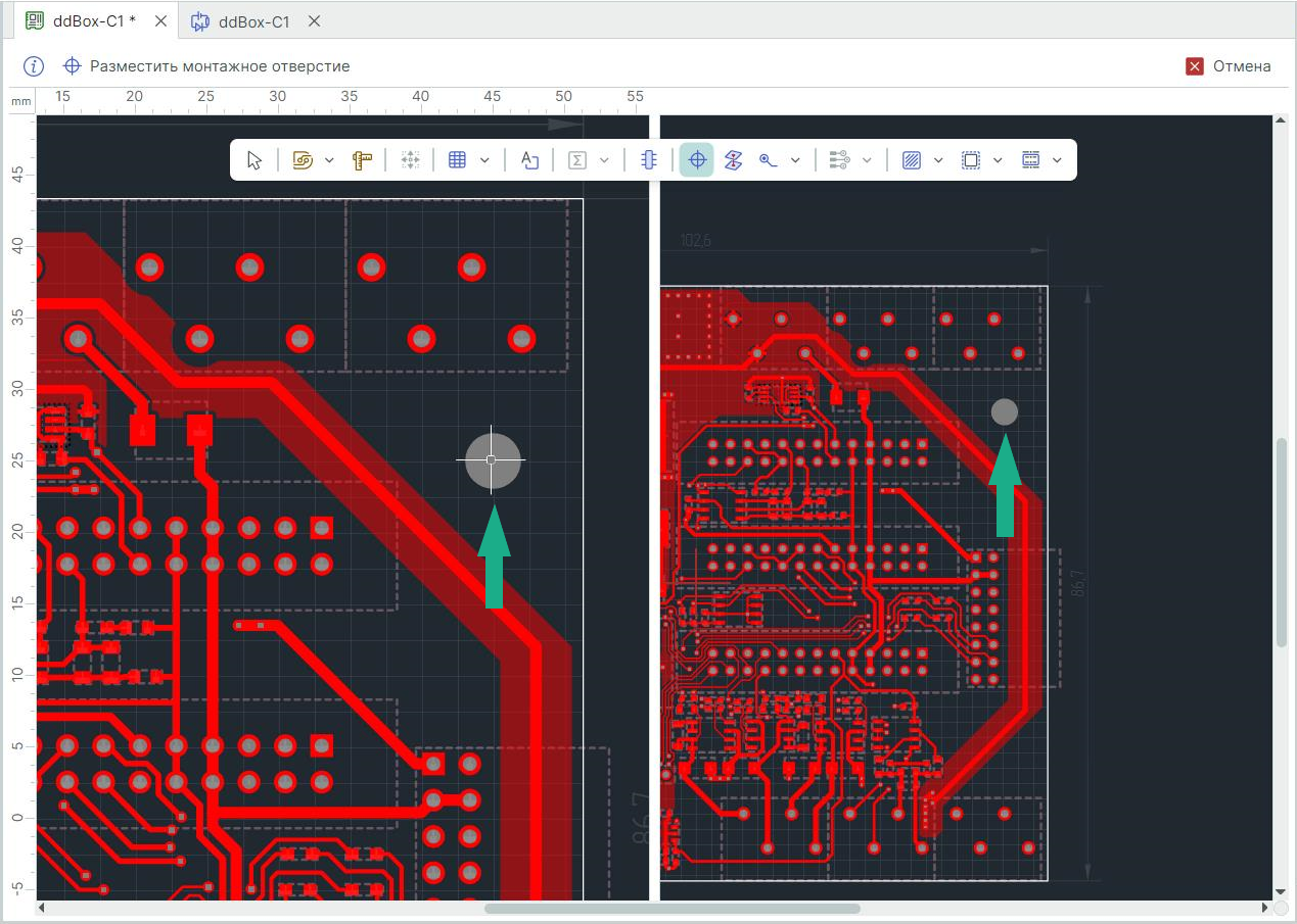 Рис. 4 Отображение редактирования документа в каждой подобласти (размещение монтажного отверстия)