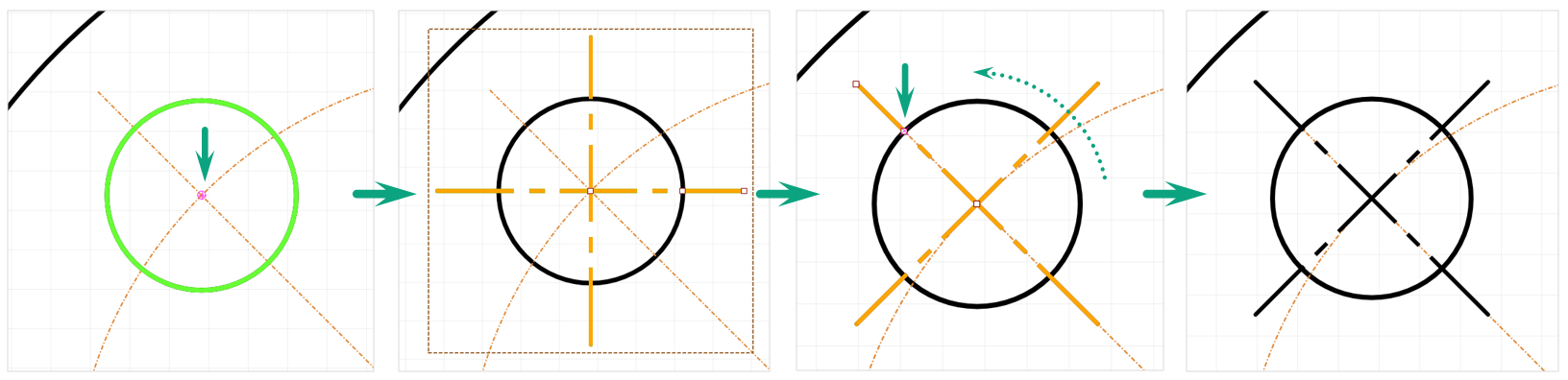 Рис. 5 Поворот центровой линии на окружности