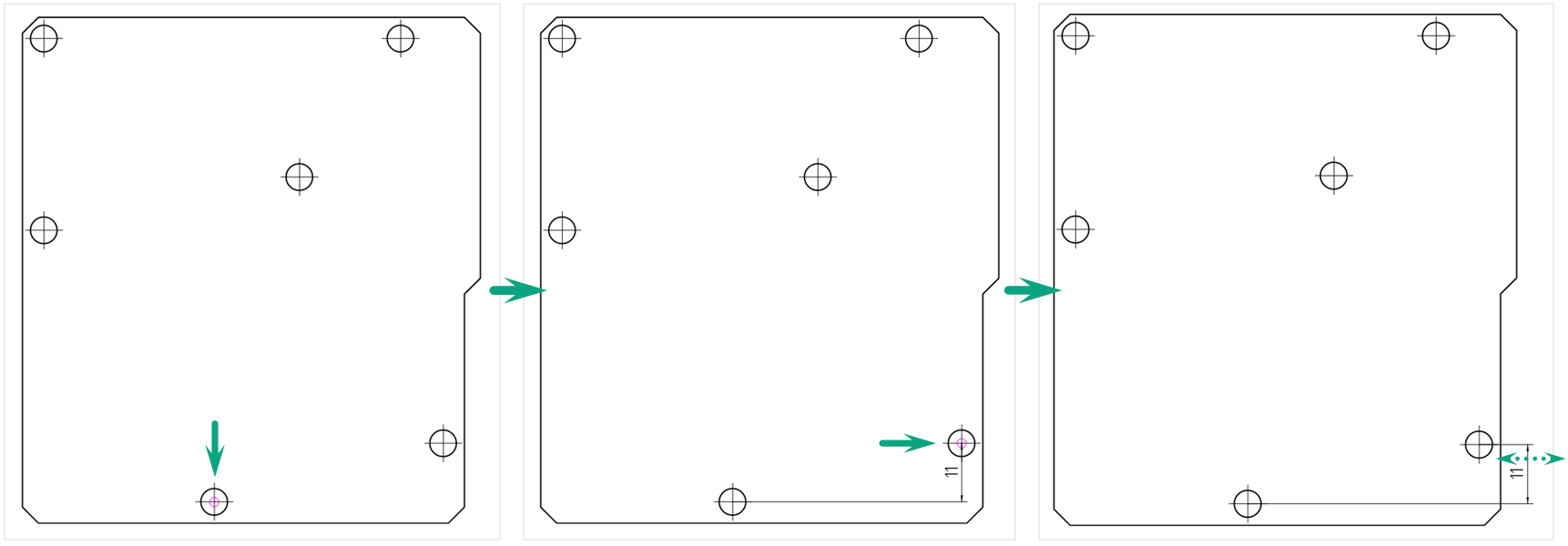 Рис. 1 Размещение вертикальной размерной линии от общей базы. Первый размер