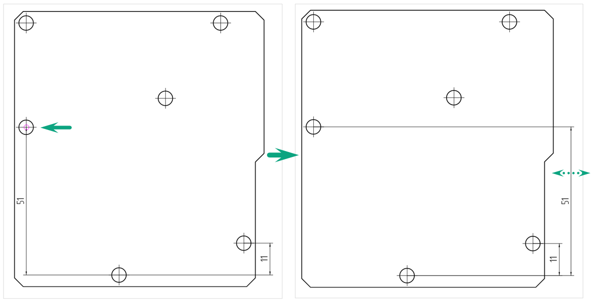 Рис. 2 Размещение вертикальной размерной линии от общей базы. Второй размер