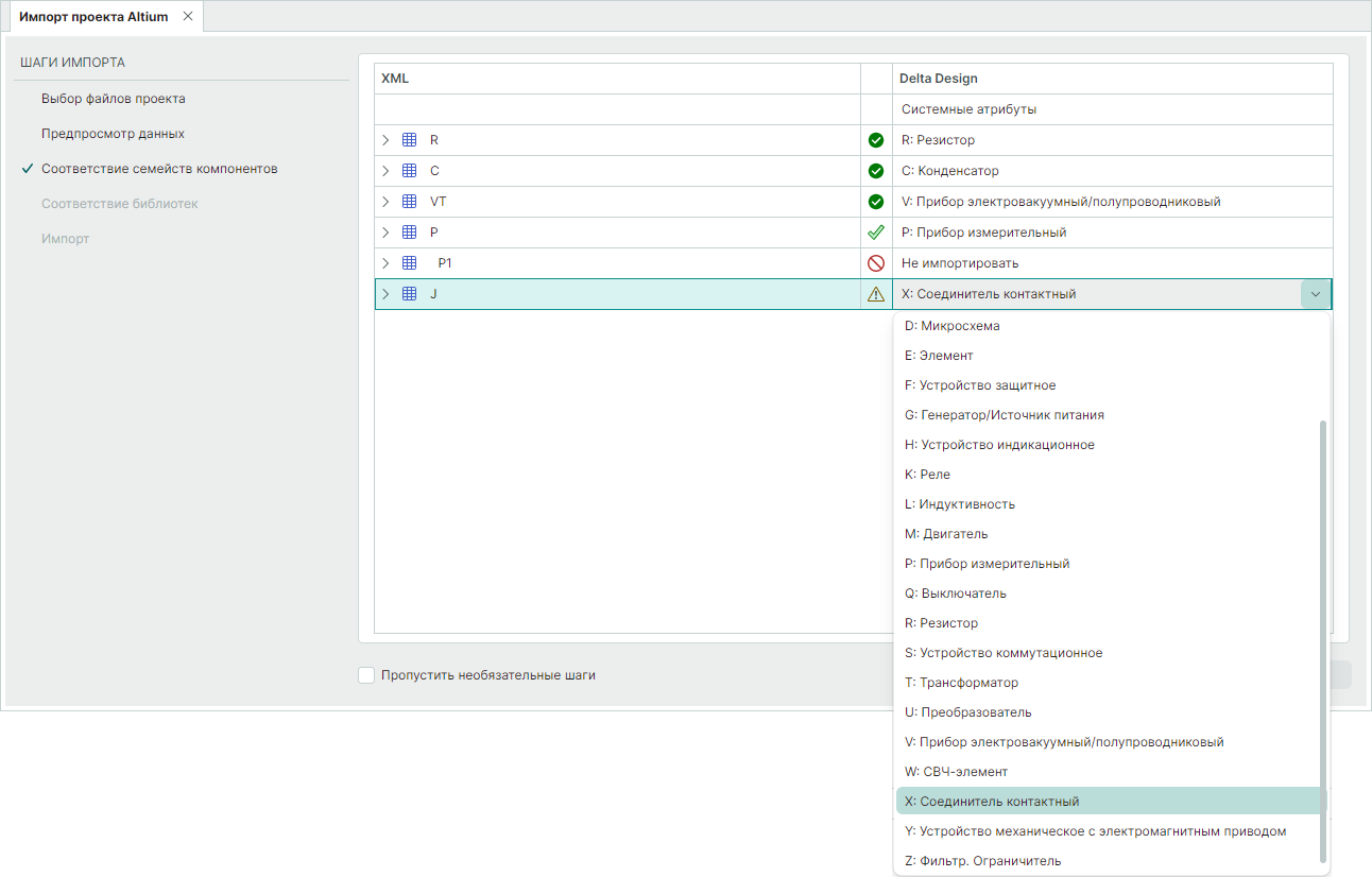 Рис. 7 Сопоставление семейств и атрибутов