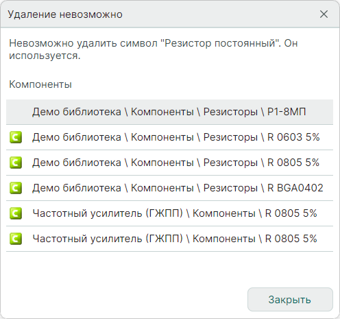 Рис. 2 Список компонентов, в которых используется удаляемое УГО