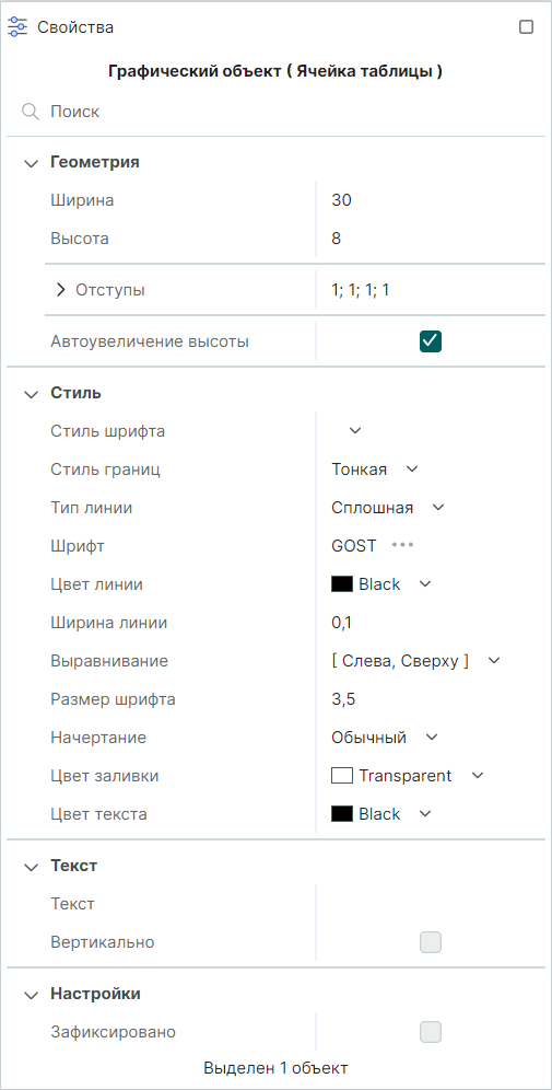 Рис. 2 Свойства ячейки таблицы