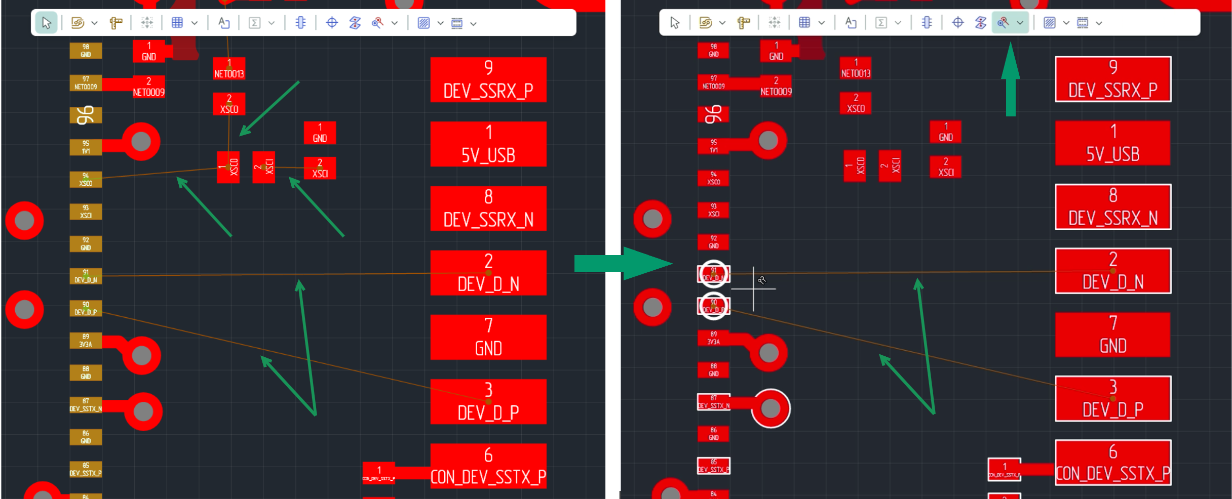 Рис. 2 Уменьшение количества отображаемых линий связи при активации инструмента «Разместить диффпару»