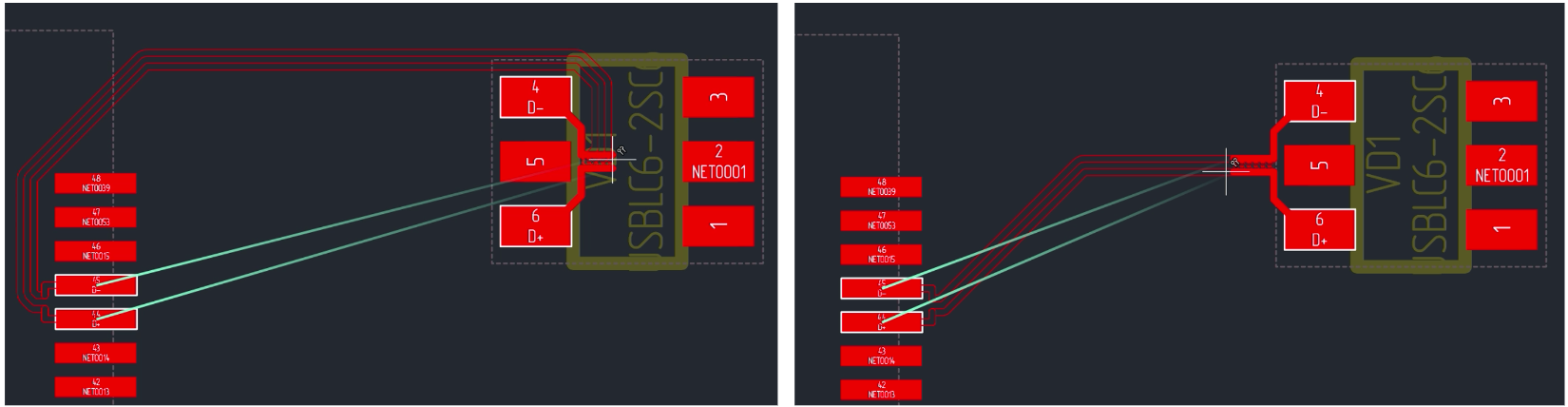 Рис. 5 Варианты соединения диффпары со стартовой парой контактных площадок
