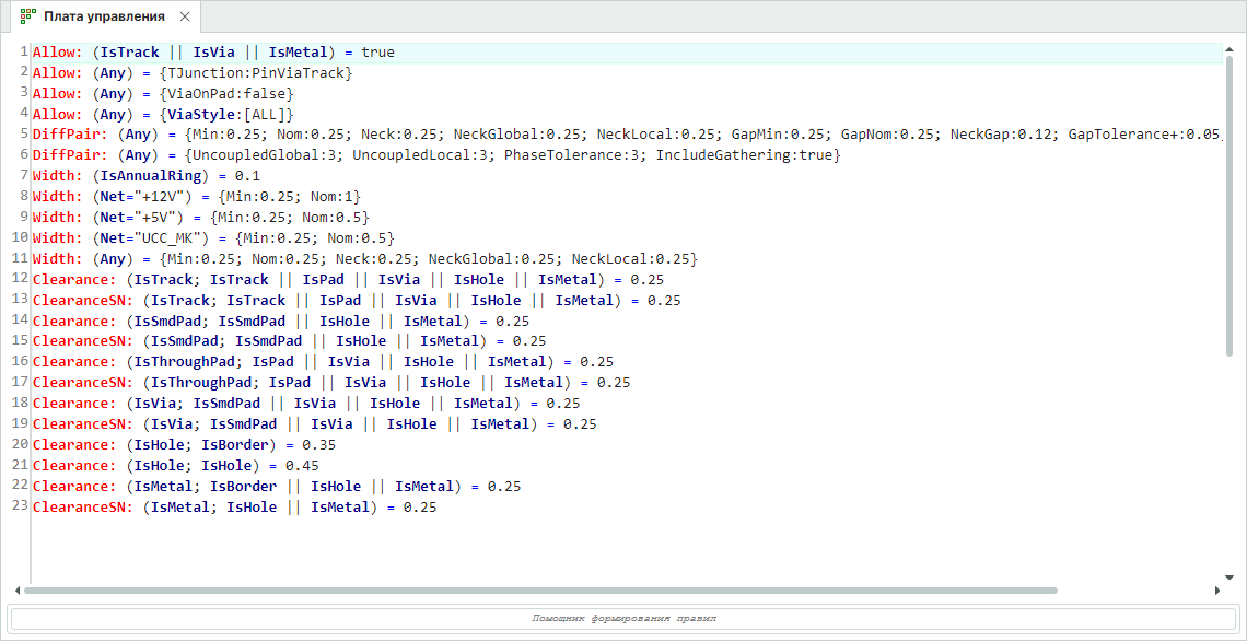 Рис. 1 Внешний вид окна редактора правил