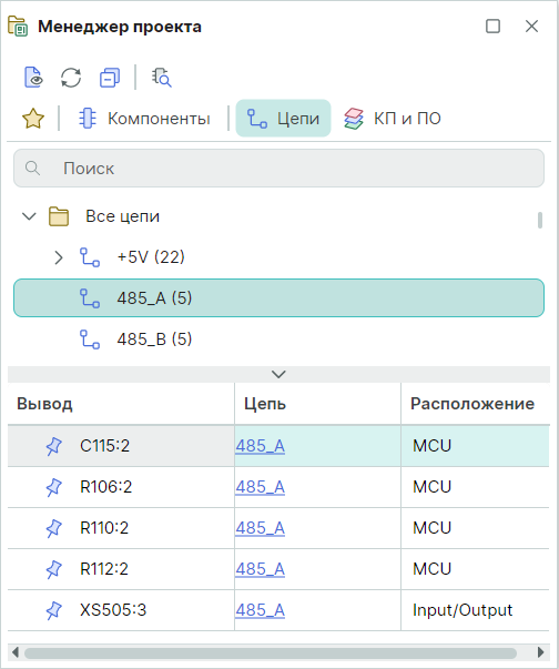 Рис. 9 Выводы компонентов, входящие в состав цепи