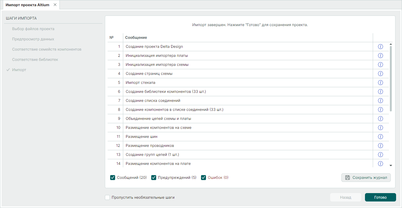 Рис. 9 Завершение импорта проекта