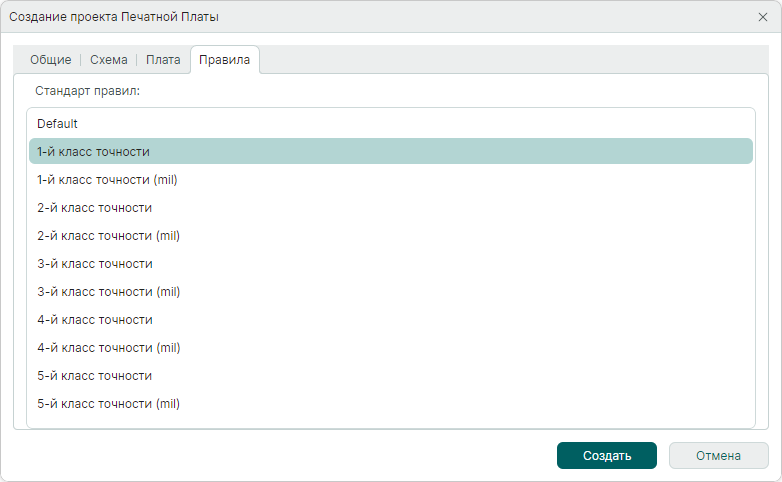 Рис. 1 Выбор шаблона технологических правил