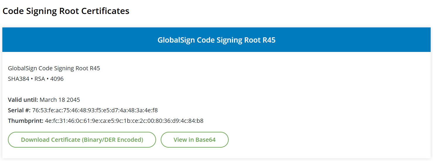 Рис. 1 GlobalSign Code Signing Root R45