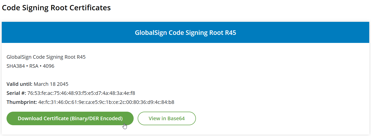 Рис. 2 Кнопка «Download Certificate (Binary/DER Encoded)»