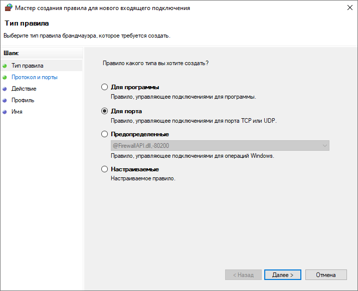 Рис. 3 Выбор типа задаваемого правила