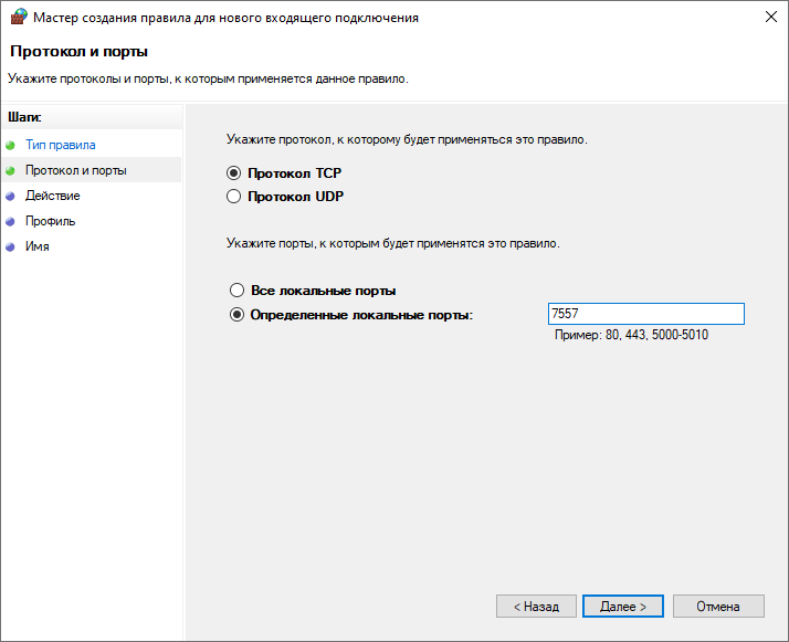 Рис. 4 Определение локального порта (7557)