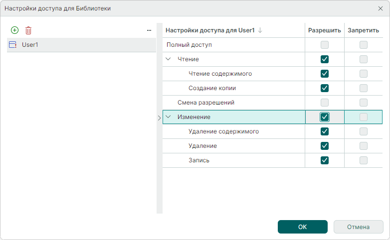 Рис. 3 Настройка разрешений для пользователя