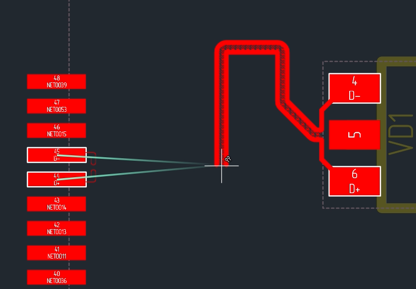 Рис. 4 Продолжение трассировки диффпары