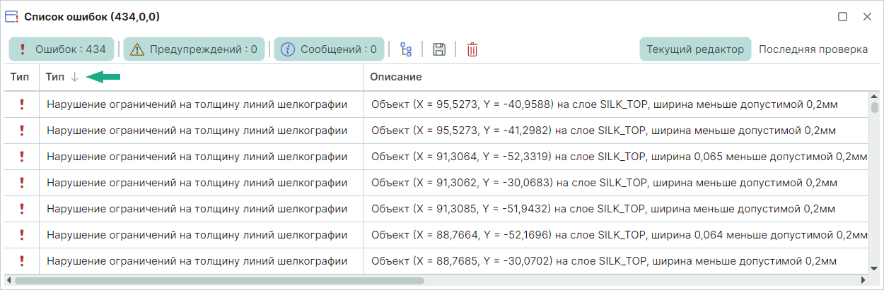 Рис. 1 Сортировка записей в панели «Список ошибок»