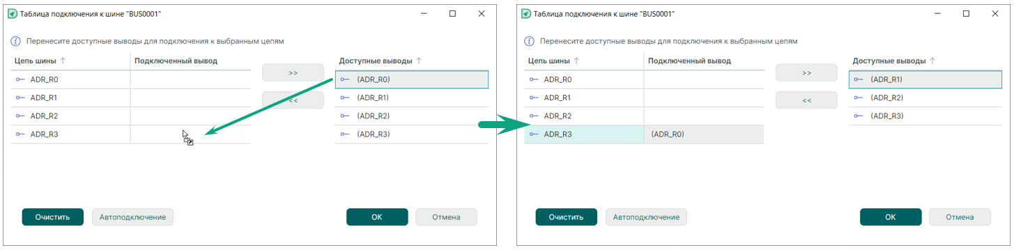 Рис. 1 Использование механизма «drag-and-drop» для установки соответствия между выводом и цепью шины