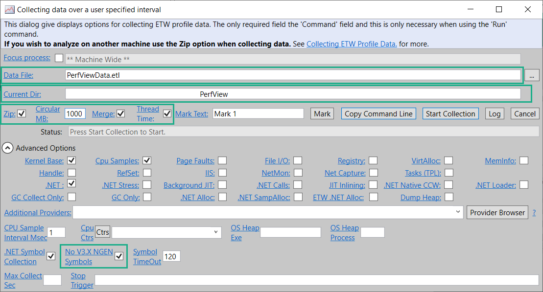Рис. 3 Настройки для сбора данных