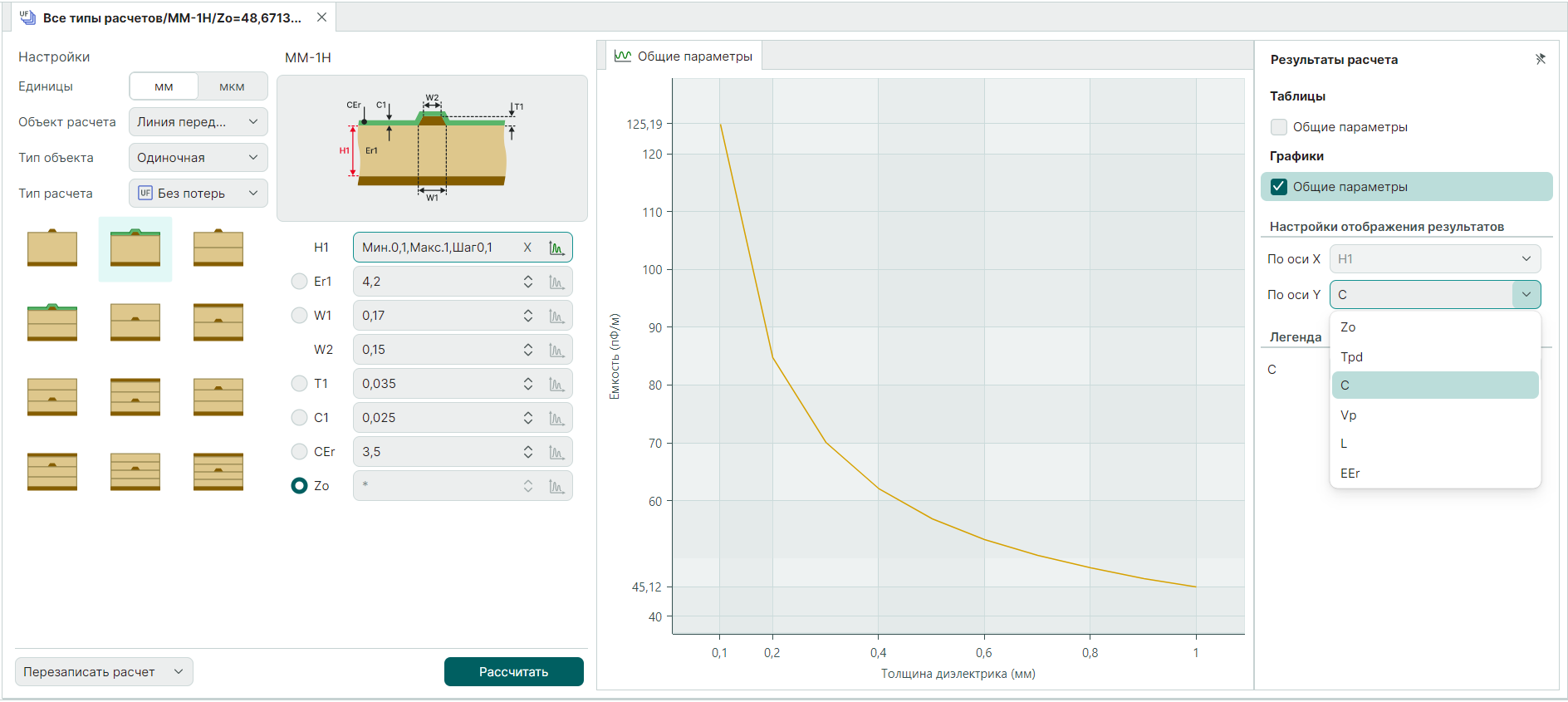 Рис. 4 Параметры одиночной и копланарной одиночной ЛП при расчете «Без потерь»