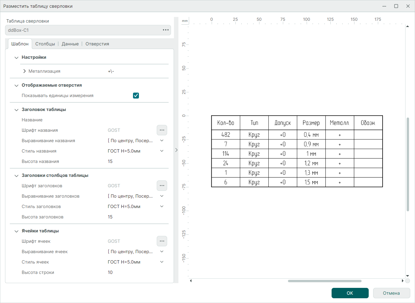 Рис. 2 Окно настроек размещаемой таблицы сверловки