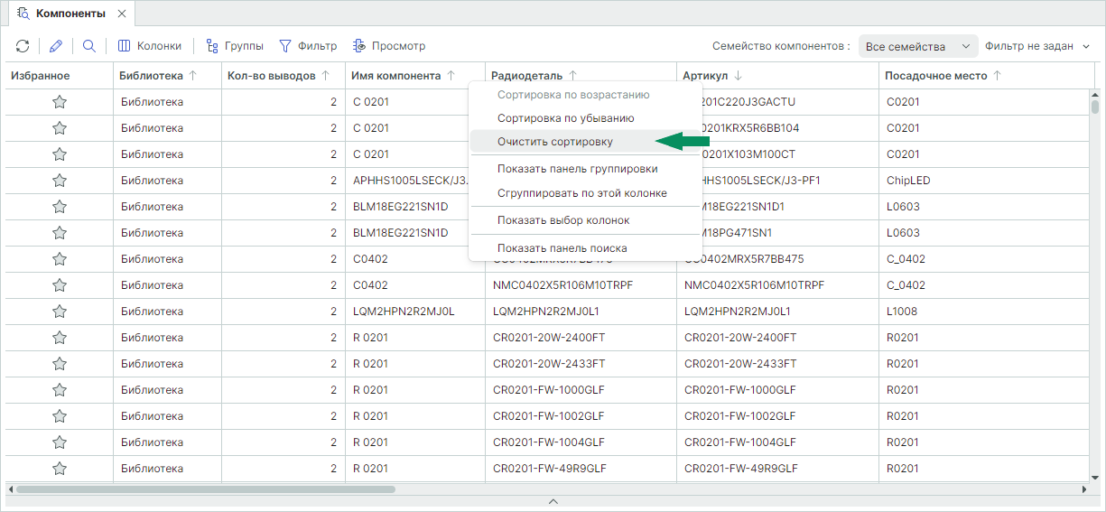 Рис. 3 Отмена сортировки данных