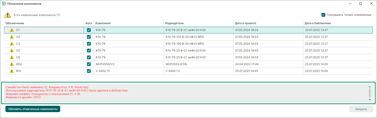 Рис. 4 Отображение информации по измененным данным выбранного компонента