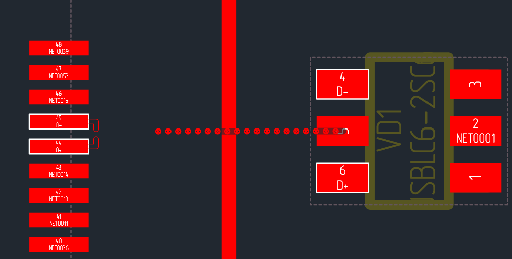Рис. 6 Отображение некорректного варианта трассировки диффпары