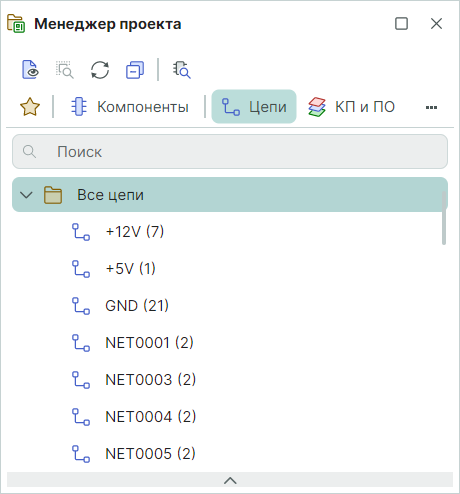Рис. 2 Отображение полного списка цепей схемы