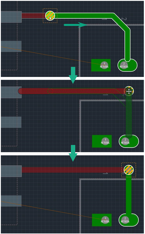 Рис. 1 Перемещение межслойного перехода с подключенными треками