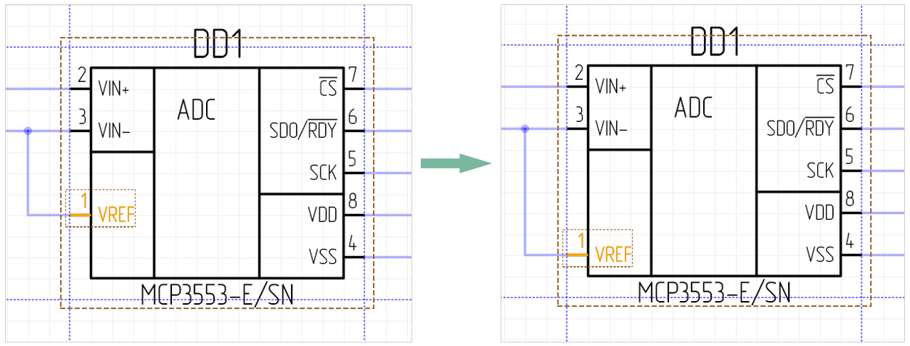 Рис. 5 Перемещение выводов УГО на схеме
