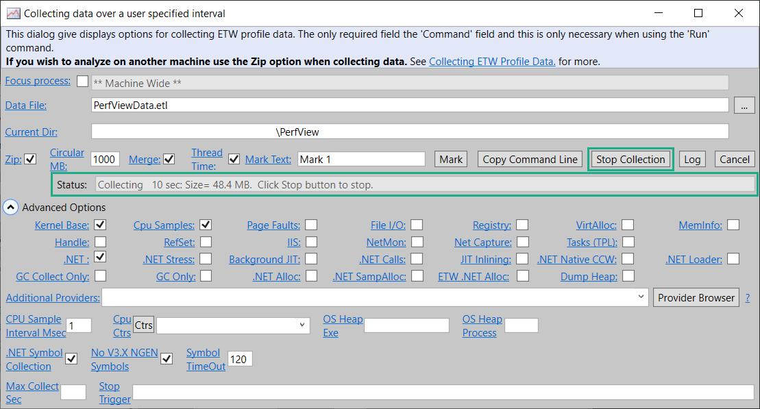 Рис. 5 Процесс и остановка сбора данных