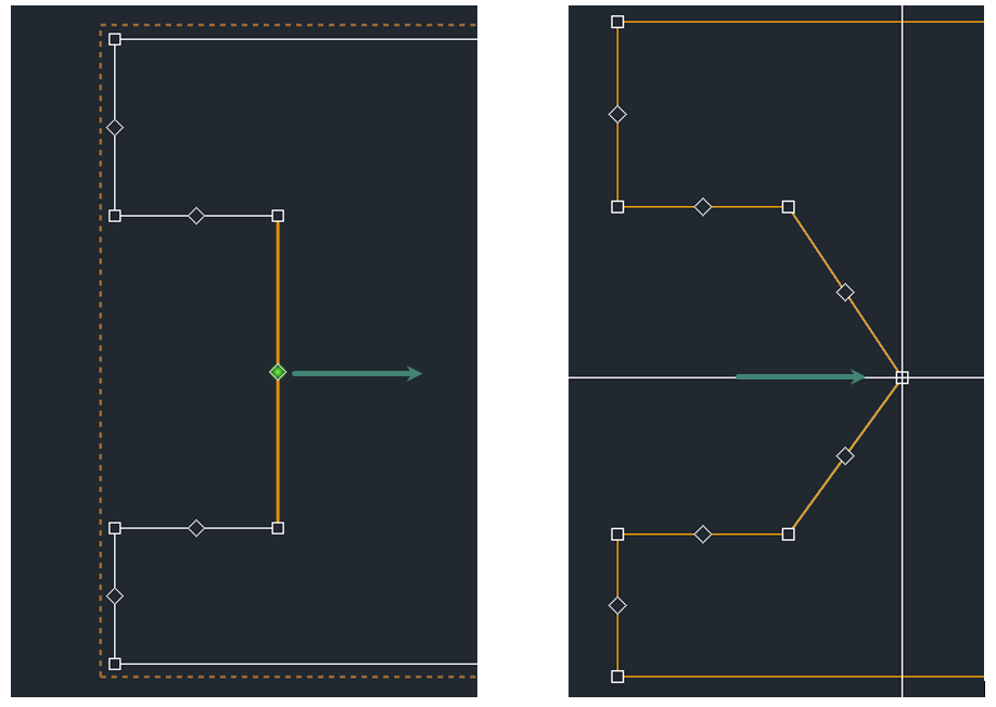 Рис. 6 Работа с точкой трансформации середины отрезка и клавишей «Ctrl»