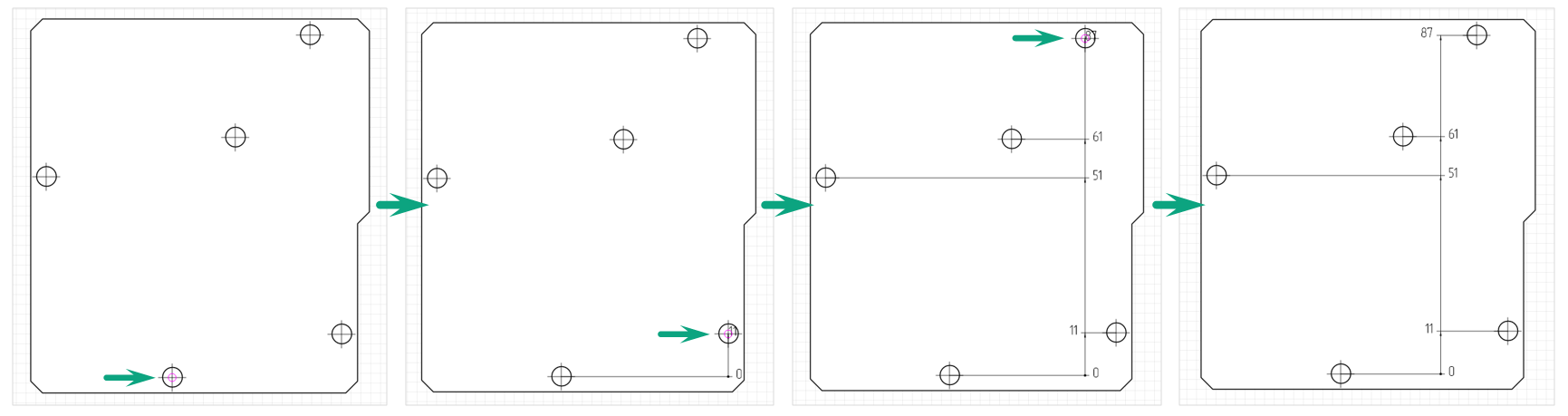 Рис. 1 Размещение вертикальной размерной линии от общей базы с общей размерной линией