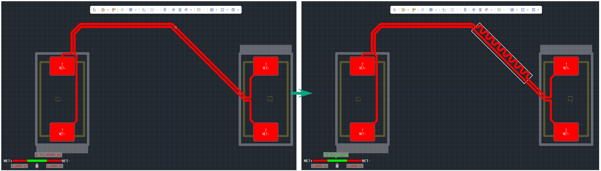 Рис. 5 Размещение меандра на треке диффпары