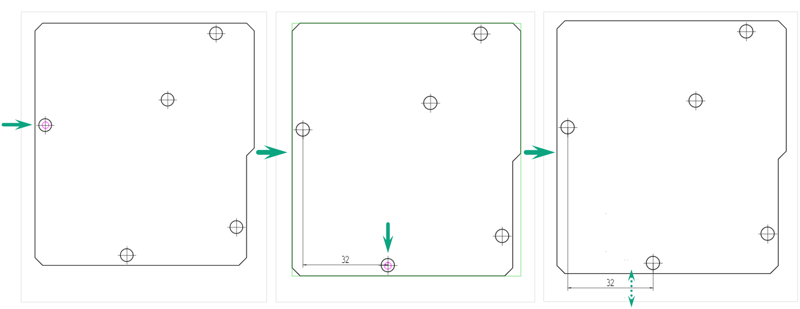 Рис. 1 Размещение горизонтальной размерной линии от общей базы. Первый размер