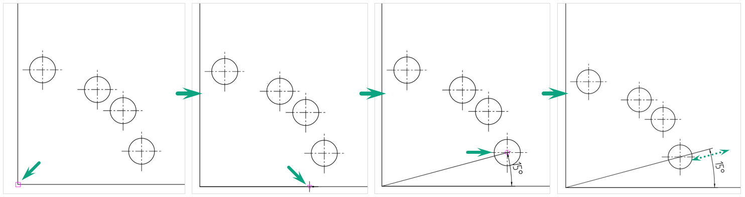 Рис. 1 Размещение угловой размерной линии от общей базы. Первый размер