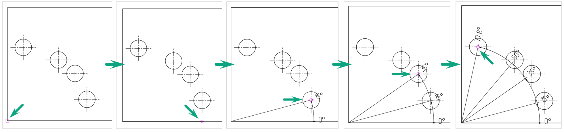 Рис. 1 Размещение угловой размерной линии от общей базы с общей размерной линией