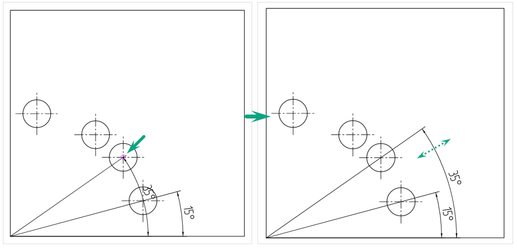 Рис. 2 Размещение угловой размерной линии от общей базы. Второй размер